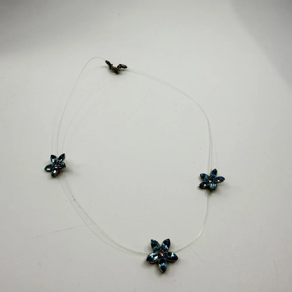 Blue Crystal Flower Illusion Necklace Floating Gem Dainty Boho Wedding Jewelry